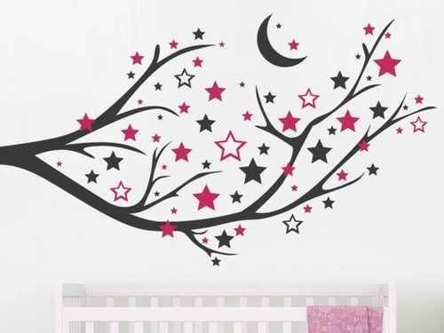 Vinilo Decorativo Rama De Arbol Hojas De Estrellas Luna