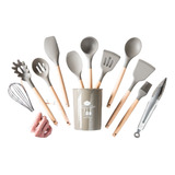 Set X 11 Utensilios Grises Cocina Silicona + Portautensilios