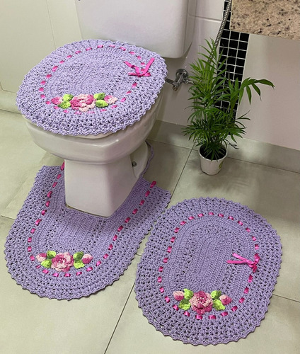 Jogo De Banheiro De Crochê Com Flores ( Envio Na Hora )