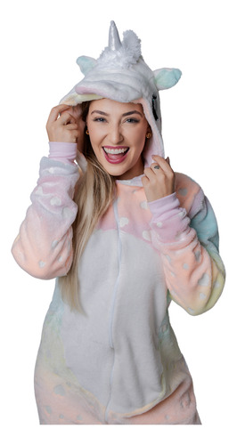 Macacão Pijama Kigurumi Fleece Adulto Unicórnio Brilha No Es