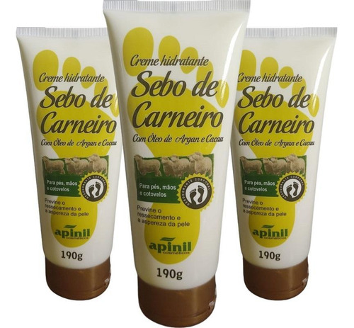 Kit 3 Creme Hidratante Sebo De Carneiro Para Pés Mãos 190g