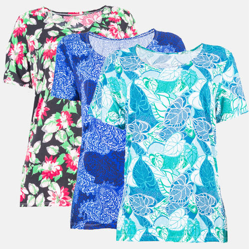 Kit 3 Blusa Liganete Feminina Estampada Gola Redonda Senhora