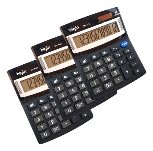 Kit 3 Calculadoras Mesa Escritório Escolar 12 Dígitos Solar