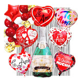 Paquete San Valentin 6globos Corazón+1globo Botella+1cortina