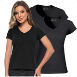 Camisa Feminina Kit 2 Gola V 100% Algodão T-shirt Premium