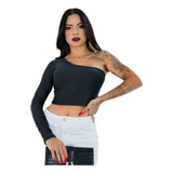 Top Cropped Feminino Gringo Blusinha Um Ombro Só Manga Longa