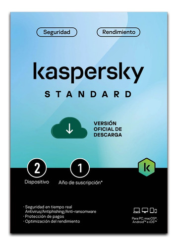 Kaspersky Standard 2 Dispositivo 1 Año Antivirus Descargable