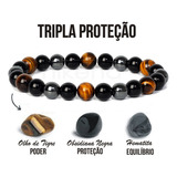 Pulseira Tripla Proteção Sorte Hematita Olho Tigre Obsidiana