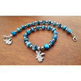 San Miguel Arcángel Pulsera Elástica Azul Dije De Alpaca 