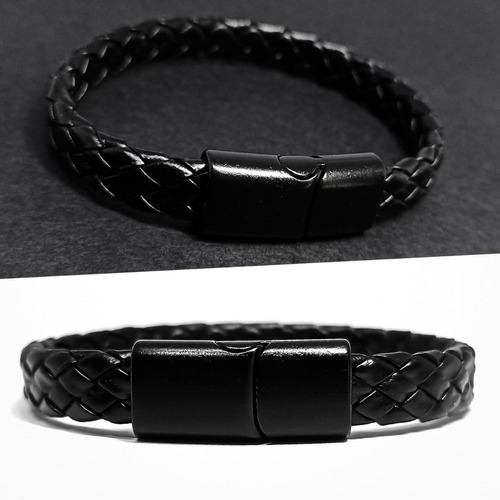 Pulseira Masculina All Black Couro Fecho Magnético Aço Preto