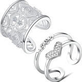 2 Anillos De Plata 925 Mujer Corazón Ajustable Amor Regalo 