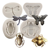 4pcs Mold De Silicon Insecto Abeja Mariposa Libélula Fondant