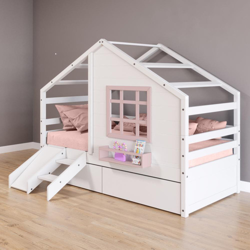 Cama Casinha Janela 2 Gavetas Escorregador Branco Rosa