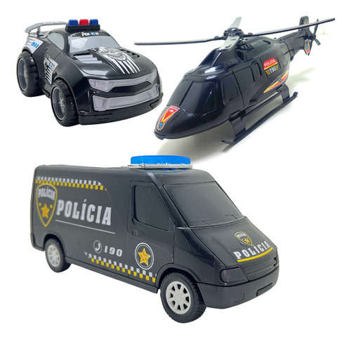 Kit Carrinho Polícia + Helicóptero + Van Brinquedo Menino