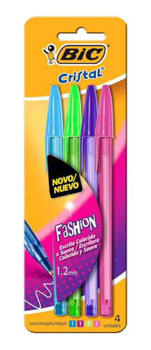 Caneta Bic Cristal Fashion Ponta Fina 1.2mm Kit Com 4 Cores