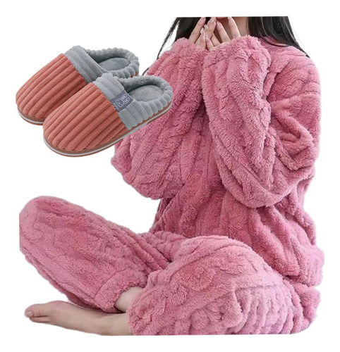 Conjunto Invierno Mujer Pijama + Pantuflas Polar 