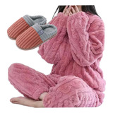 Conjunto Invierno Mujer Pijama + Pantuflas Polar 