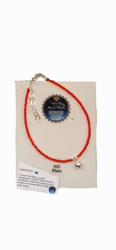 Pulsera Mini Cristal Austria Rojo Con Mini Corazón De Plata 