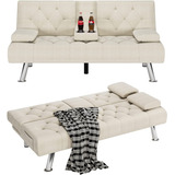 Sofa Cama Futon Plegable Convertible Portavasos Moderno Beig