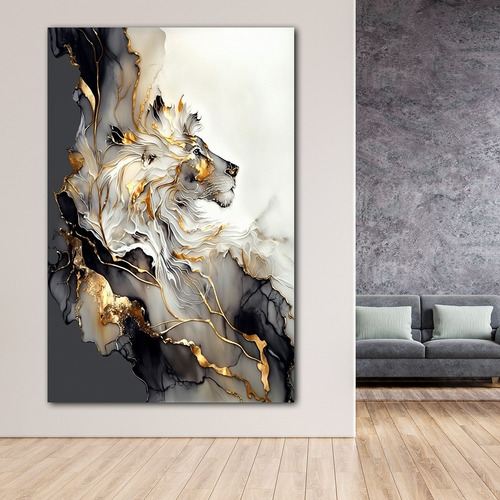 Cuadro Leon Rey Dorado Canvas Sala Elegante 120x80 Animal 43