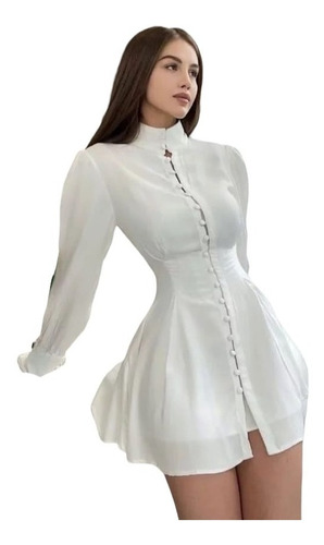 Vestido Mini Blanco Cuello Mao Camisa Boda Civil Girlboss