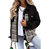 Señoras Chaqueta Denim Manga Larga Plaid Camisa Moda Casual