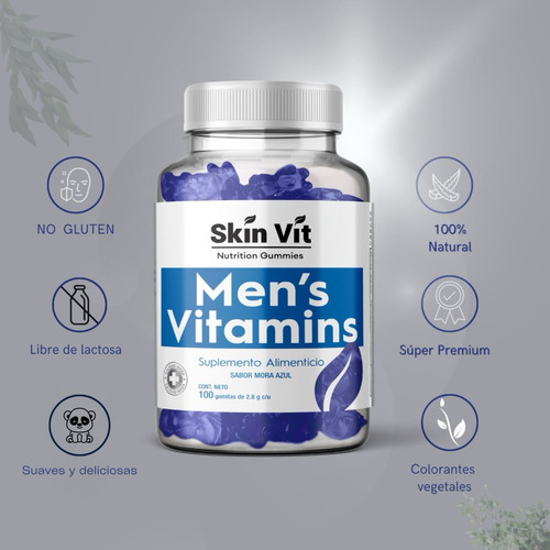 Multivitamínico Masculino 100 Gomitas  Vitamina D3 Y Zinc Sabor Mora Azul Skin Vit Nutrition Company Mens Vitamins