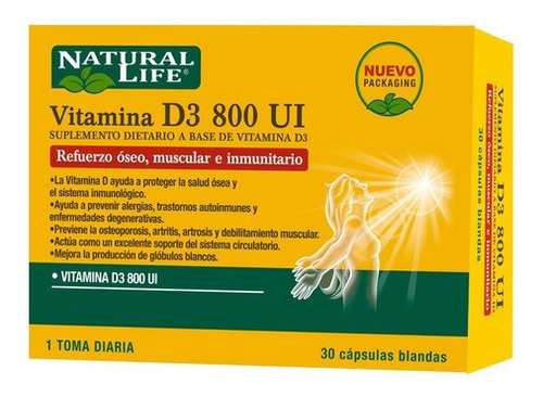 Natural Life Vitamina D3-800 Ui 30 Cápsulas Blandas Sabor Sin Sabor