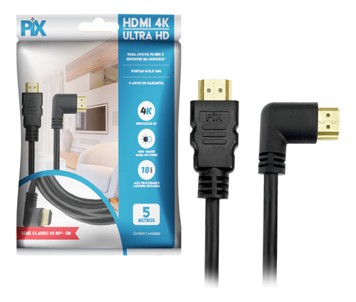 Cabo Hdmi 2.0v 4k Ultra Hd 3d Plug 90 Graus 5 M Pix 018-3325