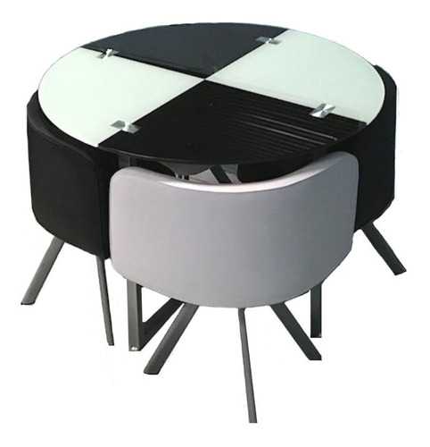 Juego Mesa Comedor Redonda Vidrio 4 Sillones Negro Y Blanco