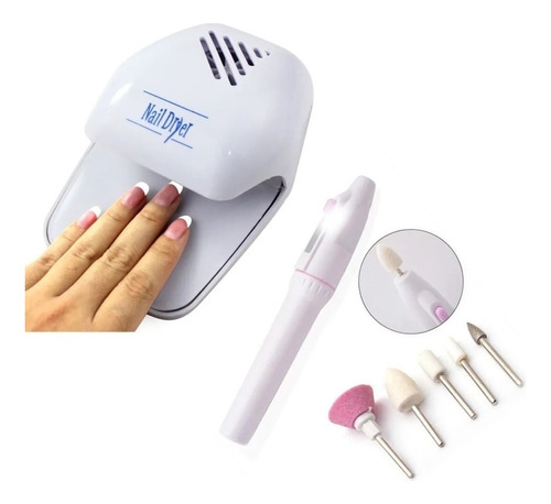 Kit Secador Lixa Elétrica Unhas Aparelho De Unhas Manicure Cor Branco Pilha Aa