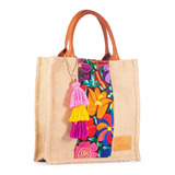 Bolso Artesanal Tipo Shoper En Yute Con Telar Artesanal Flor Diseño De La Tela Marimar Chica