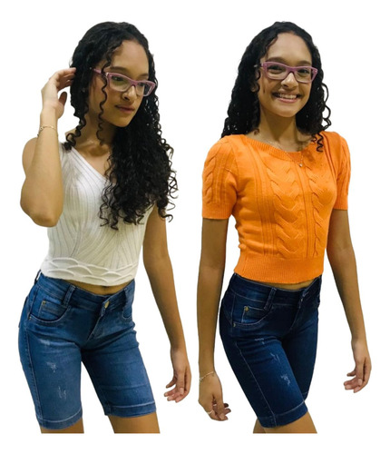 Kit 2 Bermuda Feminina Jeans Com Licra Juvenil Claro E Puido