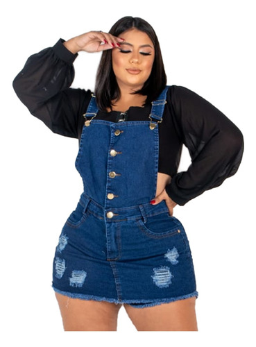 Macaquinho Short Saia Jeans Plus Size Escuro Rasgado Botões