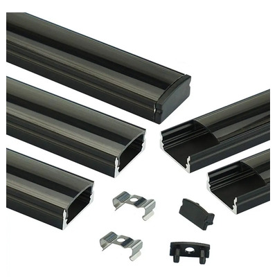 Perfil Aluminio Tira Led 5m Canal Negro Mica Negra Para Montaje Superficie