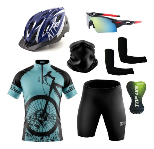 Conjunto Ciclismo Camisa E Bermuda C/capacete E Acessorios