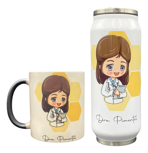 Termo Blanco Y Taza Mágica Doctora Personalizado Acero Inox