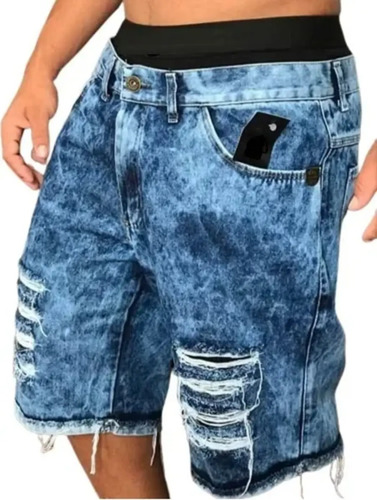 Bermuda Jeans Larga Masculina Sarja Tradicional Rasgada