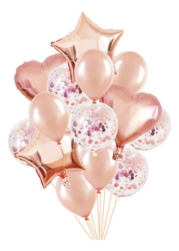 Set Globos Estrella Corazones Latex Oro Rosa Confeti X14 Pcs