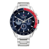 Reloj Tommy Hilfiger Para Hombre 1791968 Color De La Malla Plateado Color Del Bisel Azul Y Rojo Color Del Fondo Azul