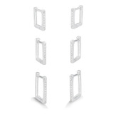 Kit Trio De Brincos Argola Quadrada Zircônias Prata 925