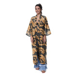 Kimono Haori Estampa Black Gold Floral Tropical Estilo Color