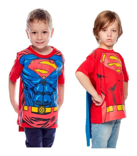 2 Camisas Fantasia Infantil Meninos Com Capa De Herói Festa