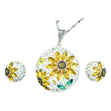 Set Collar Y Aretes Girasoles Zirconias Plata Ley 925 C261