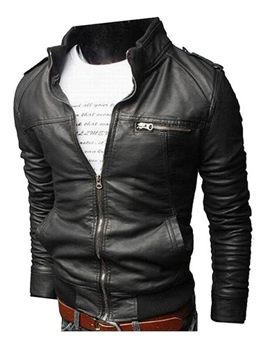 Chaqueta De Moto Hombre Sintético Cuero Slim Cut