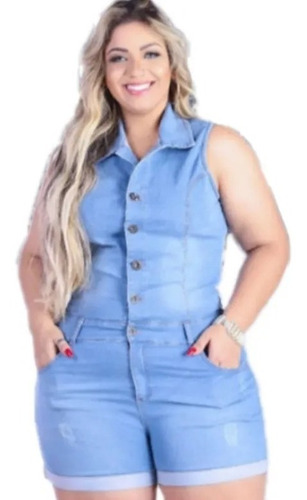Macaquinho Regata Plus Size Jeans Feminino Decote Botões