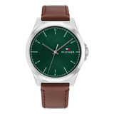 Reloj Tommy Hilfiger Hombre Norris 1710602 Malla Marrón Bisel Plateado Fondo Verde