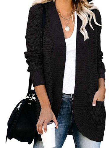 Cardigan De Manga Larga Con Bolsillo Para Mujer, Color Puro,