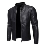 Chamarra De Piel Para Hombre, Motociclista, Cuello Alto