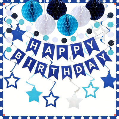 Kit De Decoracion Cumpleaños Banderín Azul Feliz Cumpleaños